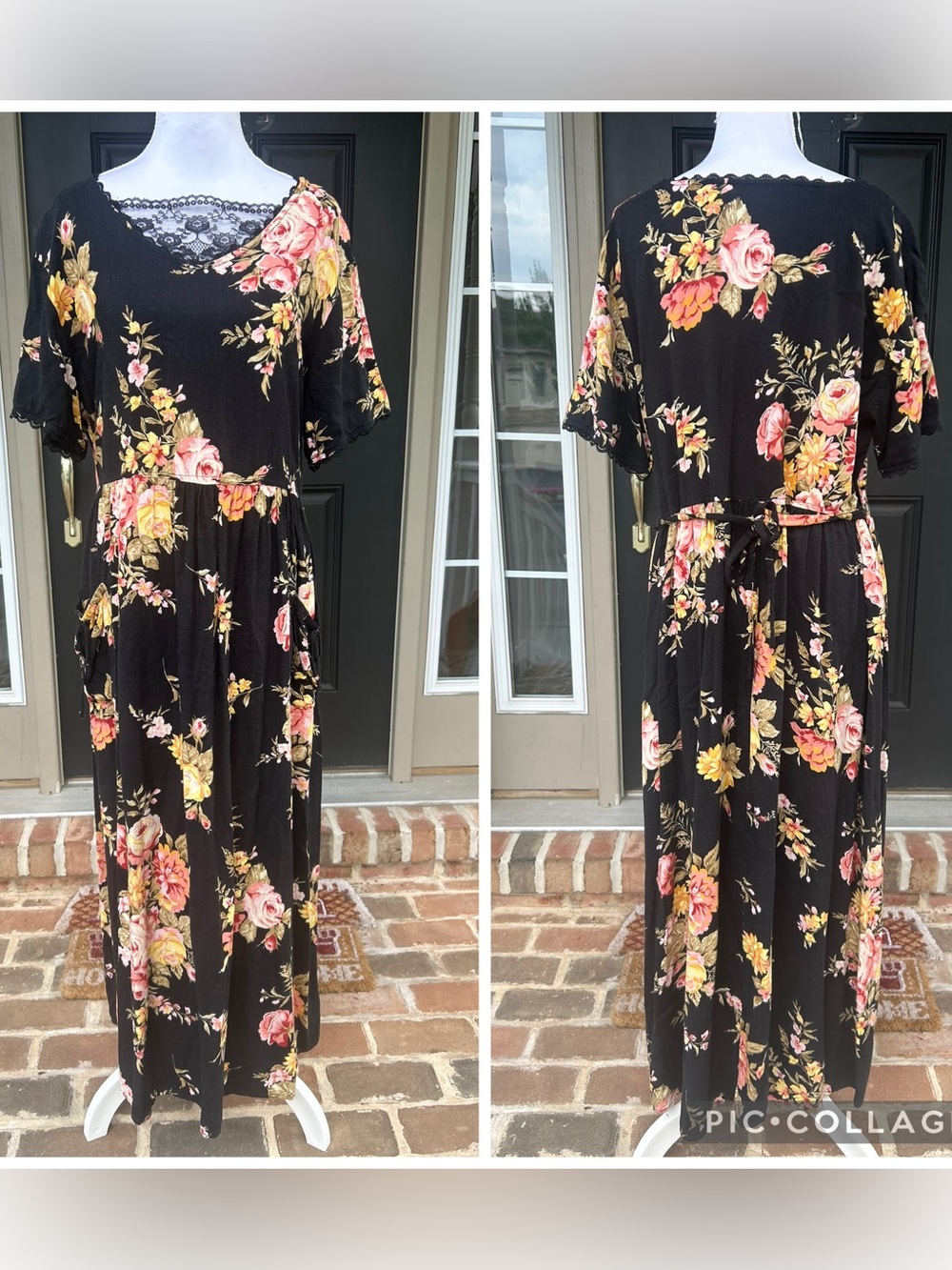 Vintage 90s 2000s black pink floral cottagecore whimsygoth grunge dress L XL